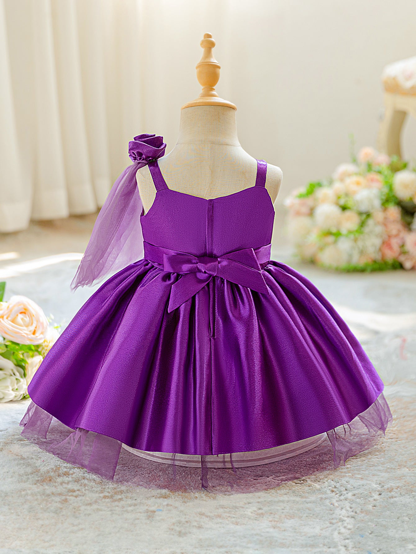 Purple Puffy Off-Shoulder Tea-Length Ball Gown for Girls – Party & Wedding Dress
