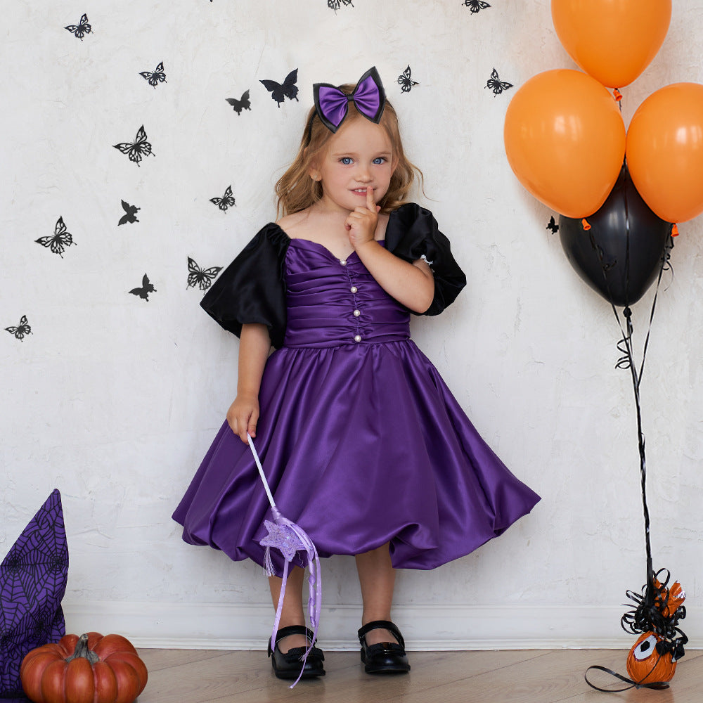 Purple A-line Satin Princess Dress with Puff Sleeves for Girls | Tea-Length Kids Party Dress