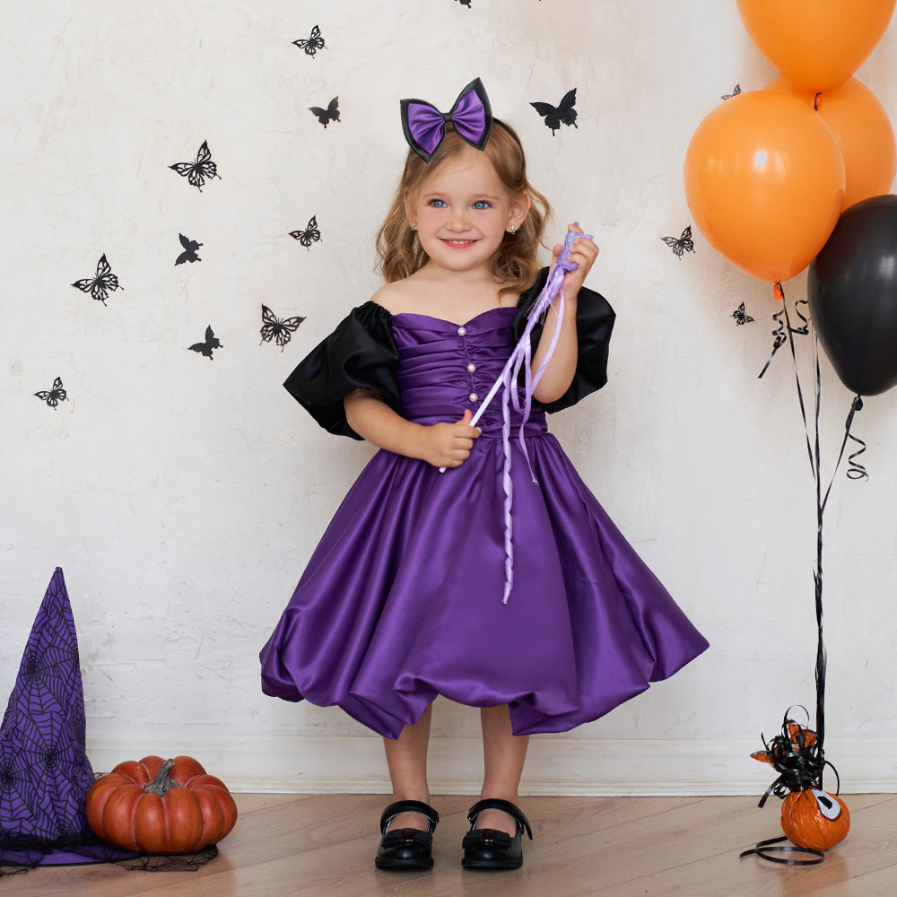 Purple A-line Satin Princess Dress with Puff Sleeves for Girls | Tea-Length Kids Party Dress