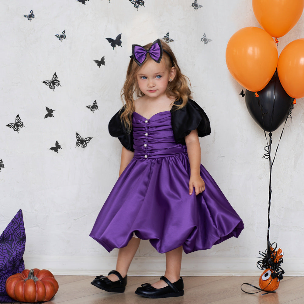 Purple A-line Satin Princess Dress with Puff Sleeves for Girls | Tea-Length Kids Party Dress