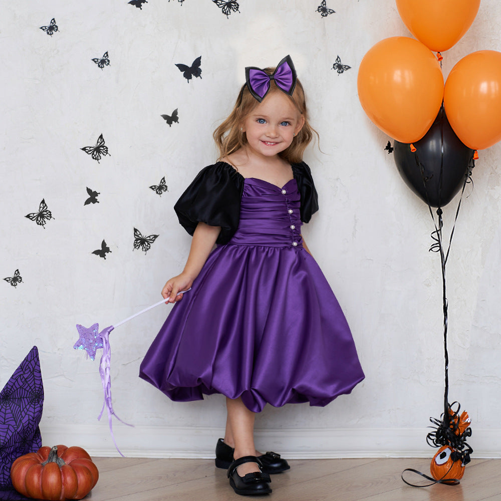 Purple A-line Satin Princess Dress with Puff Sleeves for Girls | Tea-Length Kids Party Dress