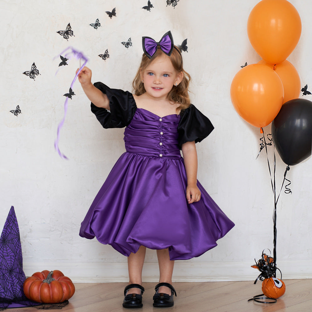 Purple A-line Satin Princess Dress with Puff Sleeves for Girls | Tea-Length Kids Party Dress