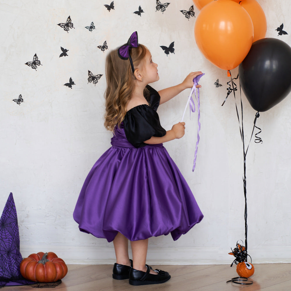 Purple A-line Satin Princess Dress with Puff Sleeves for Girls | Tea-Length Kids Party Dress