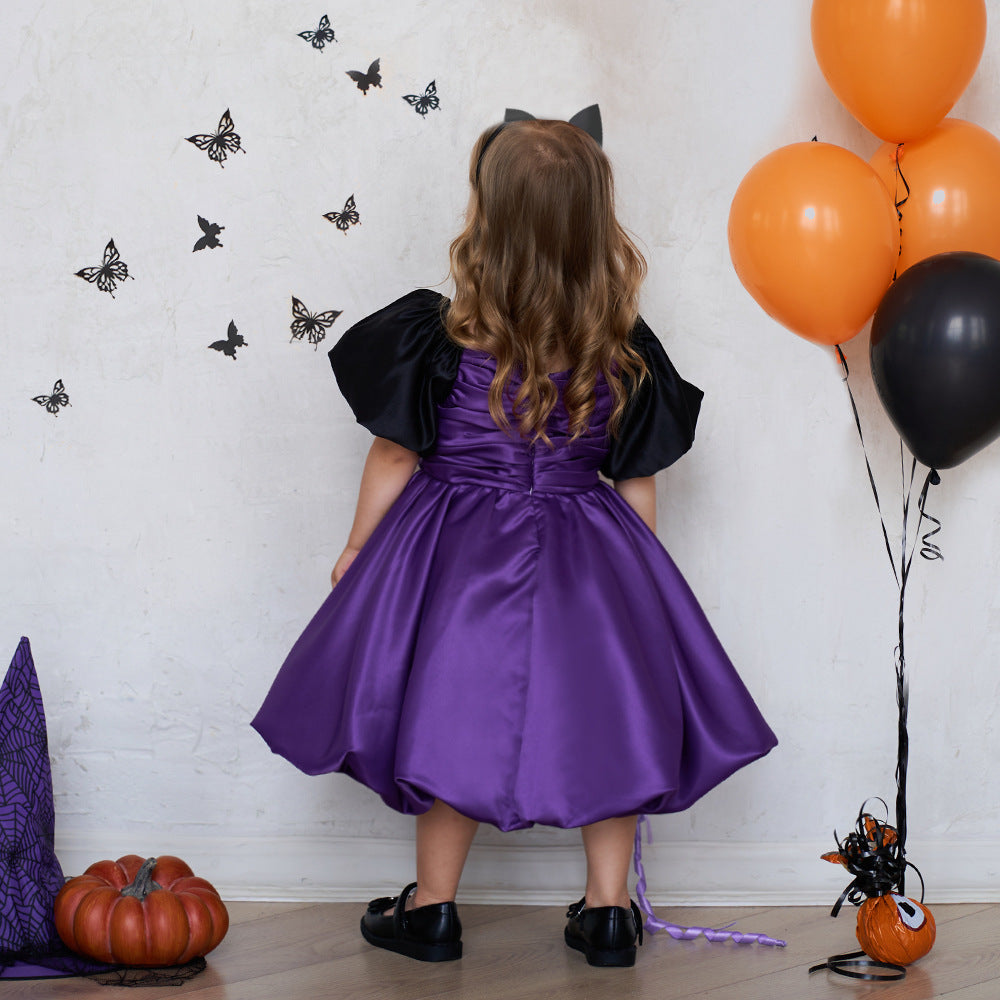 Purple A-line Satin Princess Dress with Puff Sleeves for Girls | Tea-Length Kids Party Dress