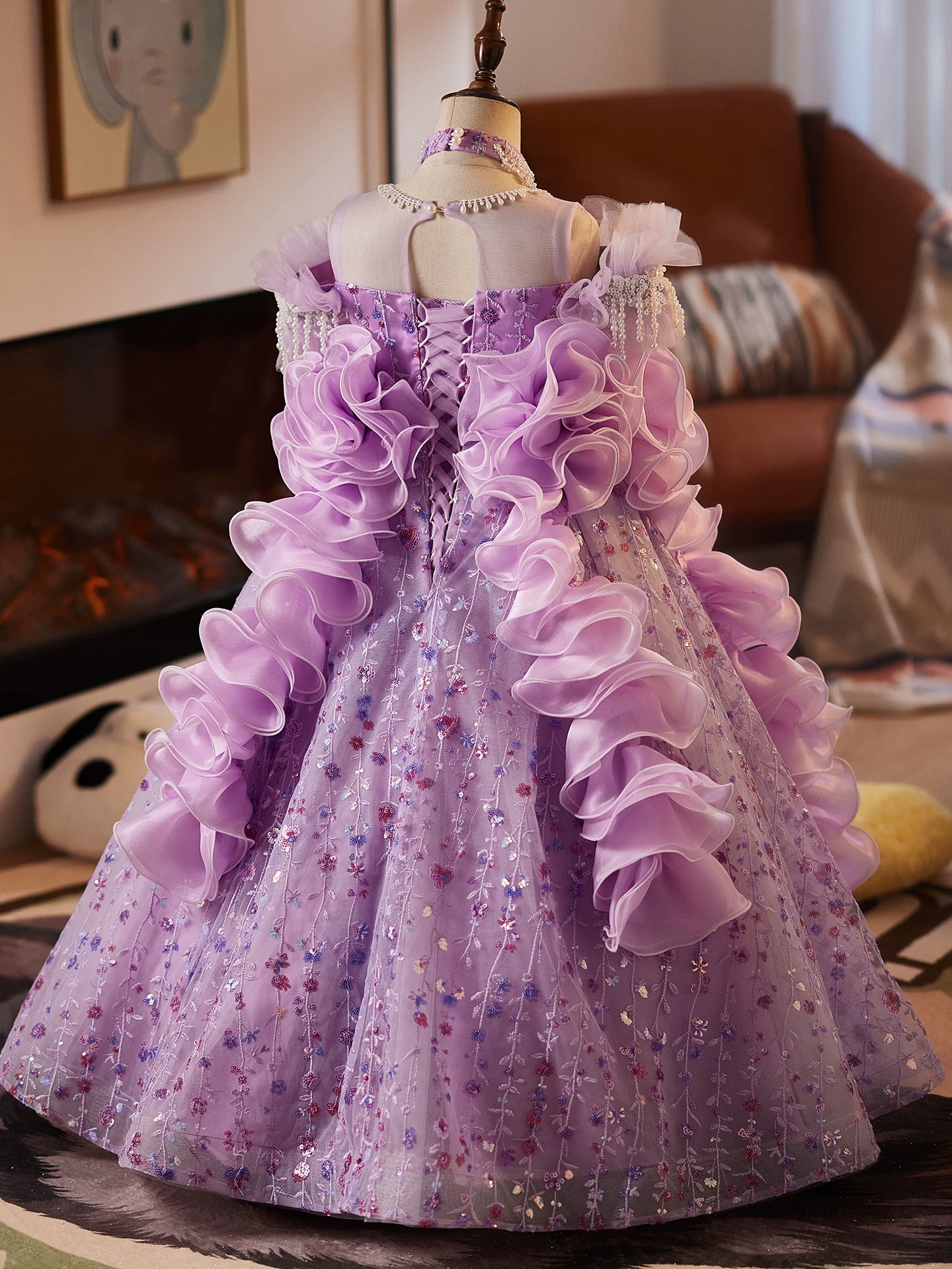 Purple Sequin Maxi Dress for Girls with Flower Appliques – A-line Party, Wedding & Photoshoot Gown