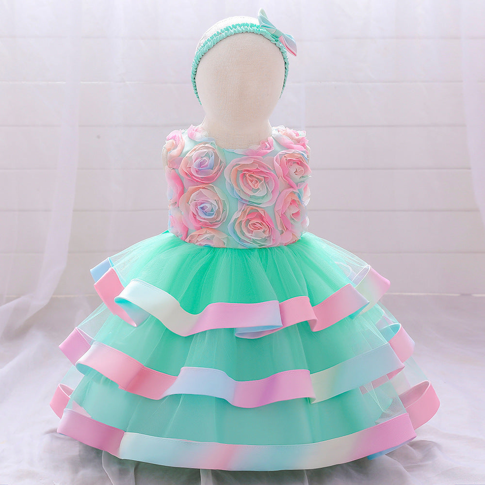 Rainbow Rose Ombre Tulle Princess Dress for Toddler Girls | Puffy Tiered Ball Gown
