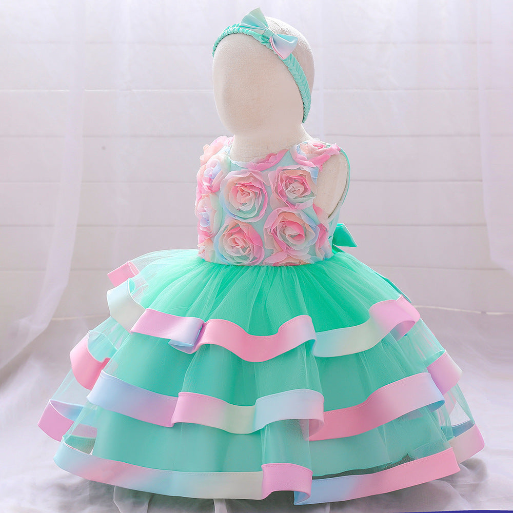Rainbow Rose Ombre Tulle Princess Dress for Toddler Girls | Puffy Tiered Ball Gown
