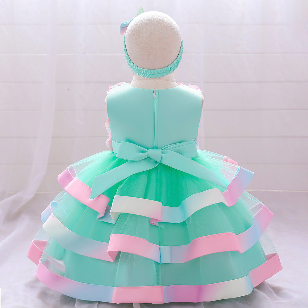 Rainbow Rose Ombre Tulle Princess Dress for Toddler Girls | Puffy Tiered Ball Gown
