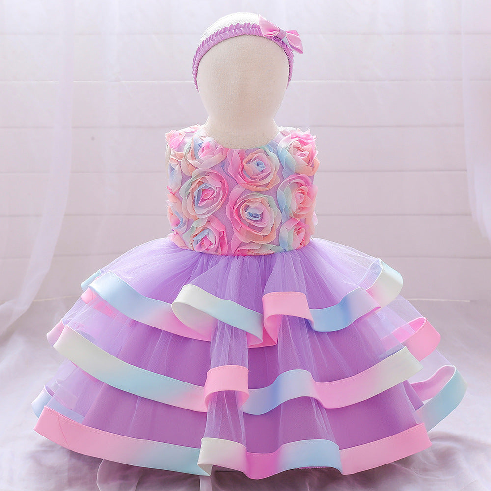 Rainbow Rose Ombre Tulle Princess Dress for Toddler Girls | Puffy Tiered Ball Gown