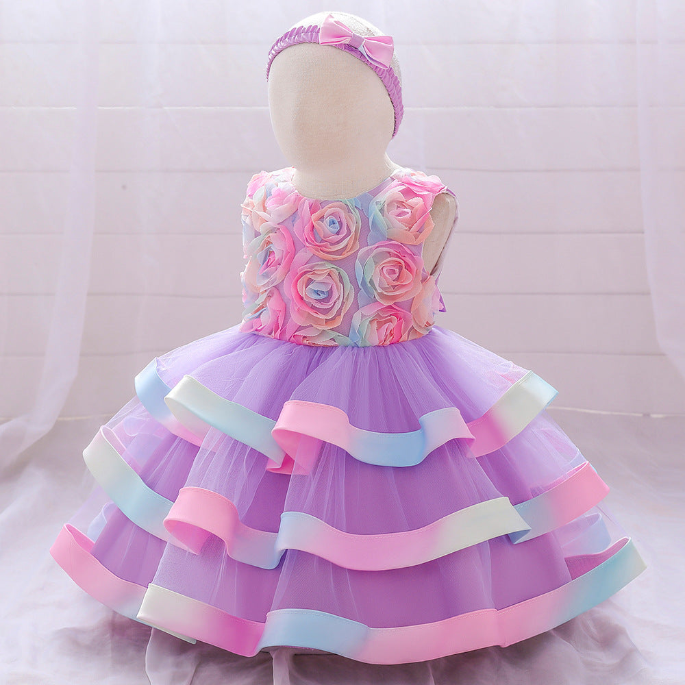 Rainbow Rose Ombre Tulle Princess Dress for Toddler Girls | Puffy Tiered Ball Gown