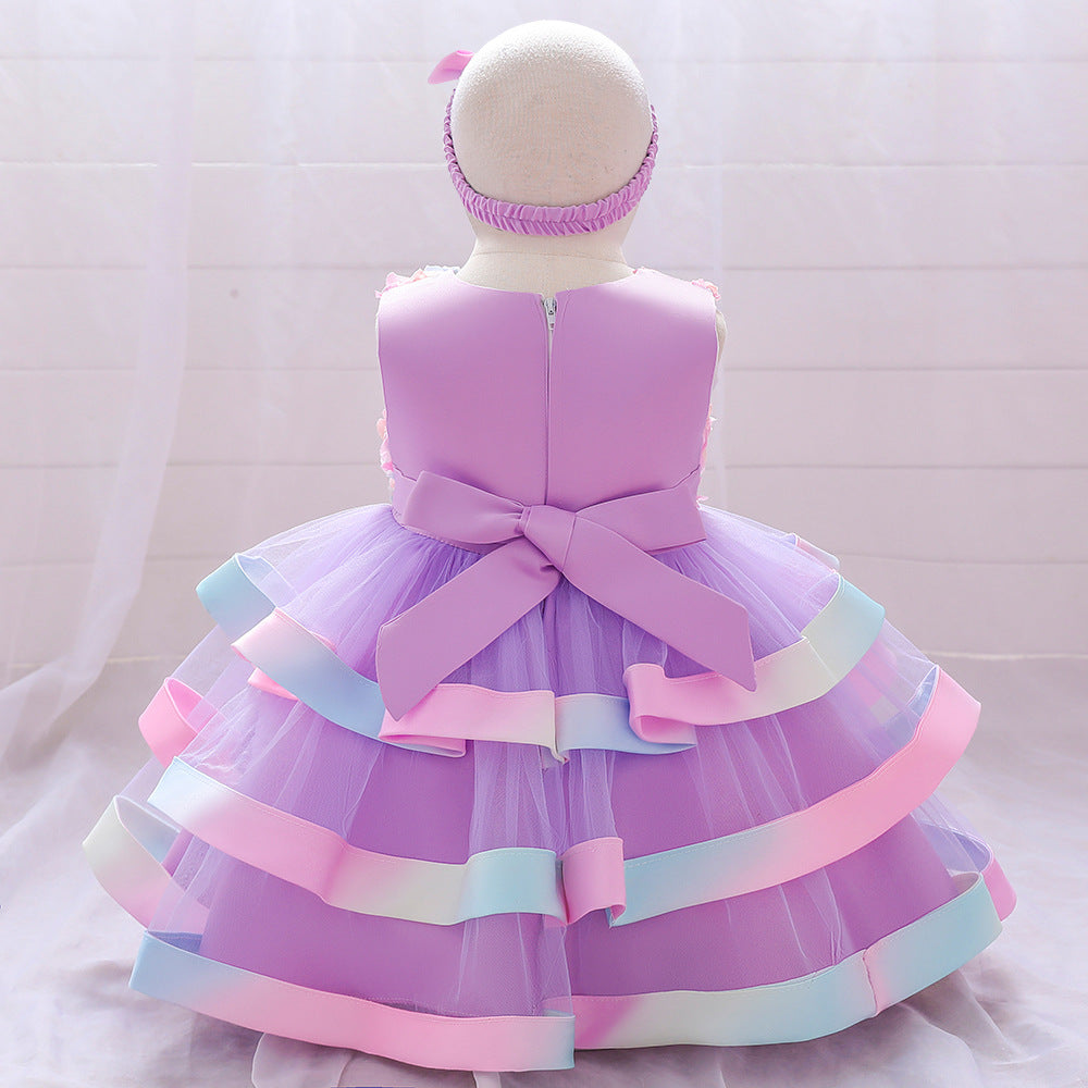 Rainbow Rose Ombre Tulle Princess Dress for Toddler Girls | Puffy Tiered Ball Gown