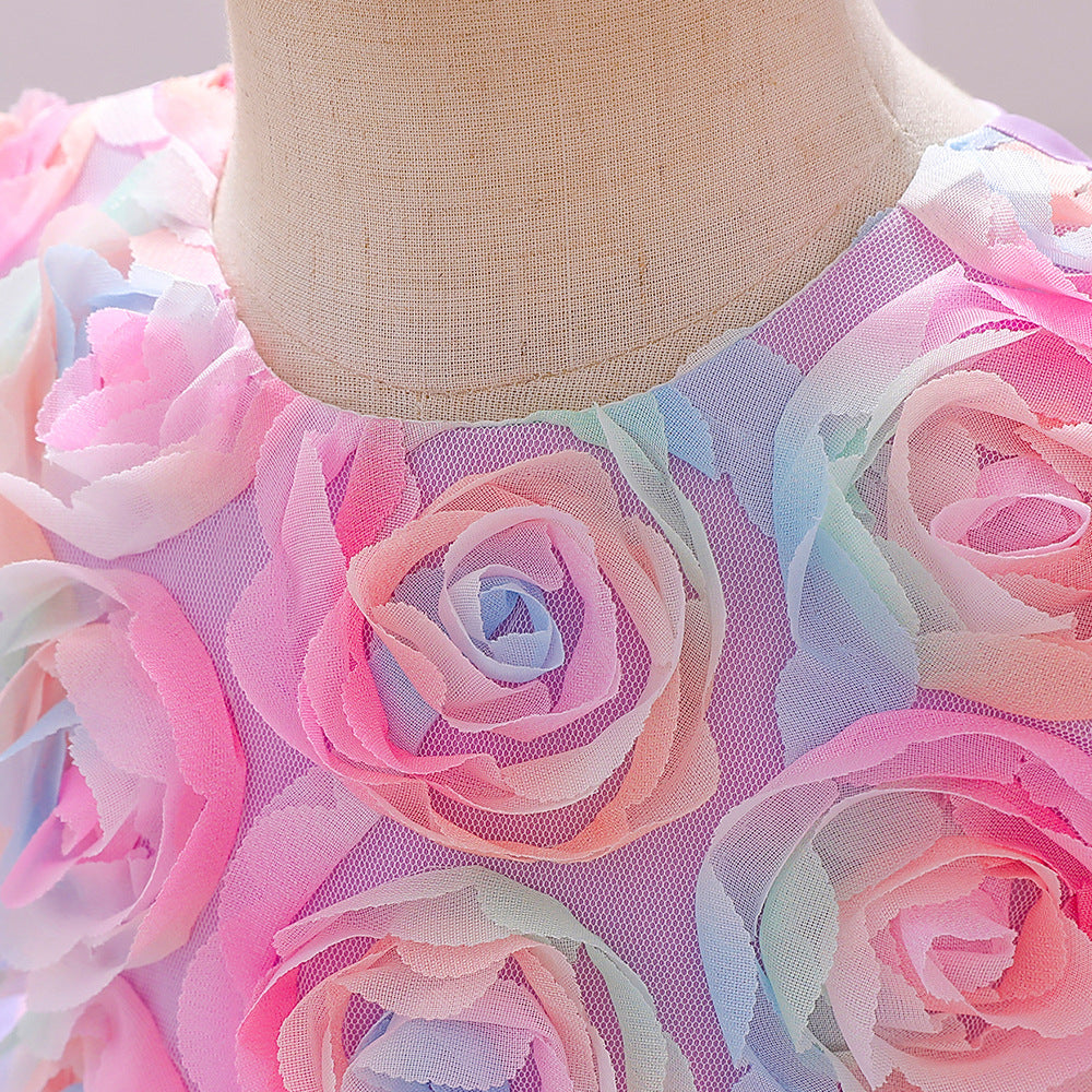 Rainbow Rose Ombre Tulle Princess Dress for Toddler Girls | Puffy Tiered Ball Gown