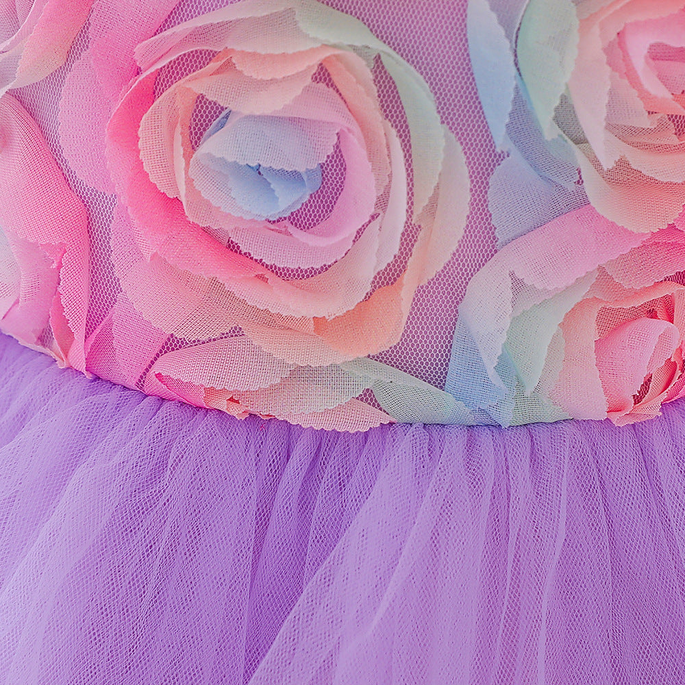 Rainbow Rose Ombre Tulle Princess Dress for Toddler Girls | Puffy Tiered Ball Gown