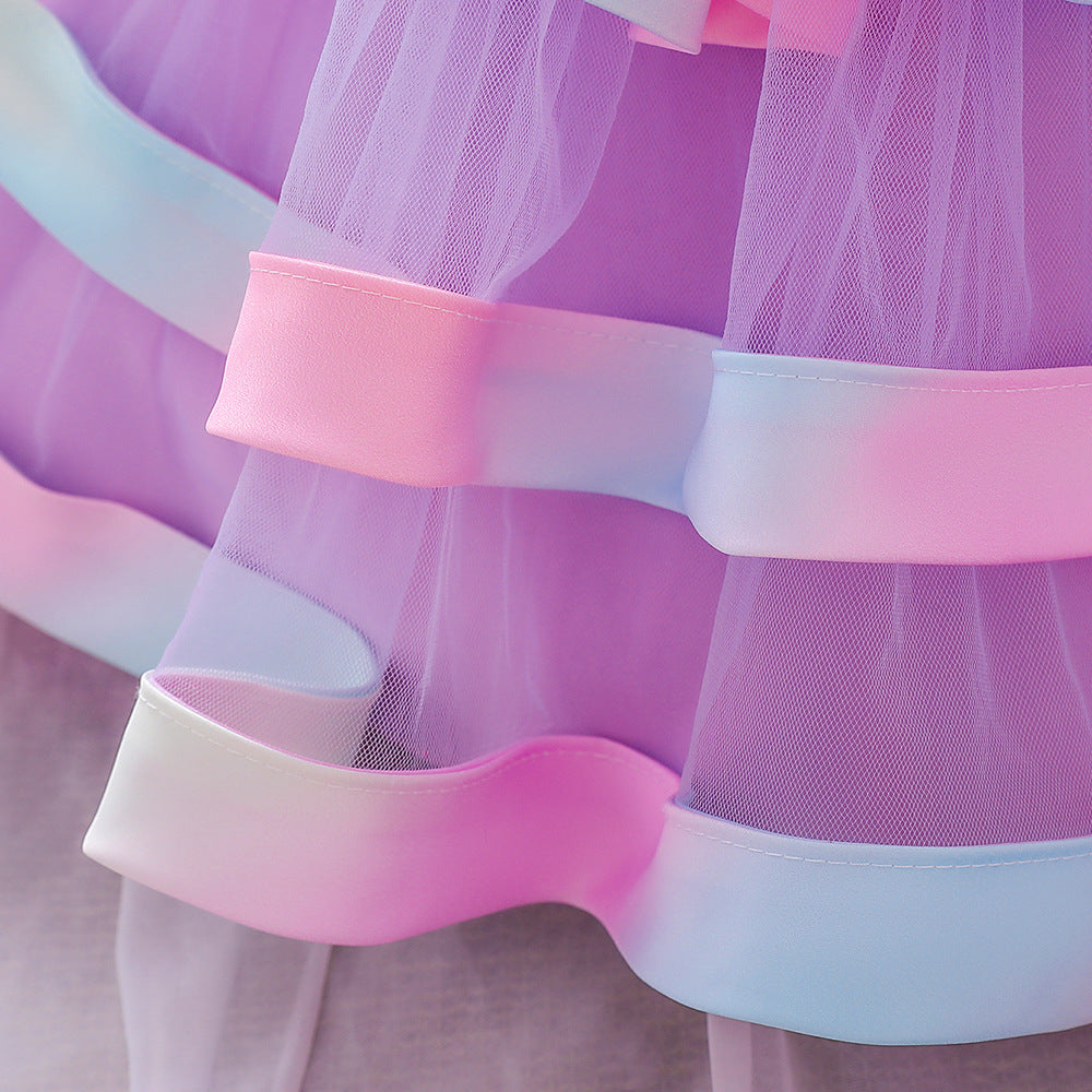 Rainbow Rose Ombre Tulle Princess Dress for Toddler Girls | Puffy Tiered Ball Gown