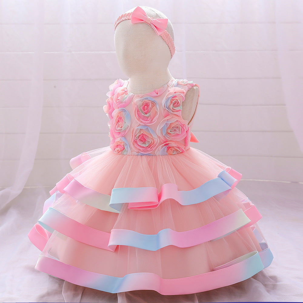 Rainbow Rose Ombre Tulle Princess Dress for Toddler Girls | Puffy Tiered Ball Gown
