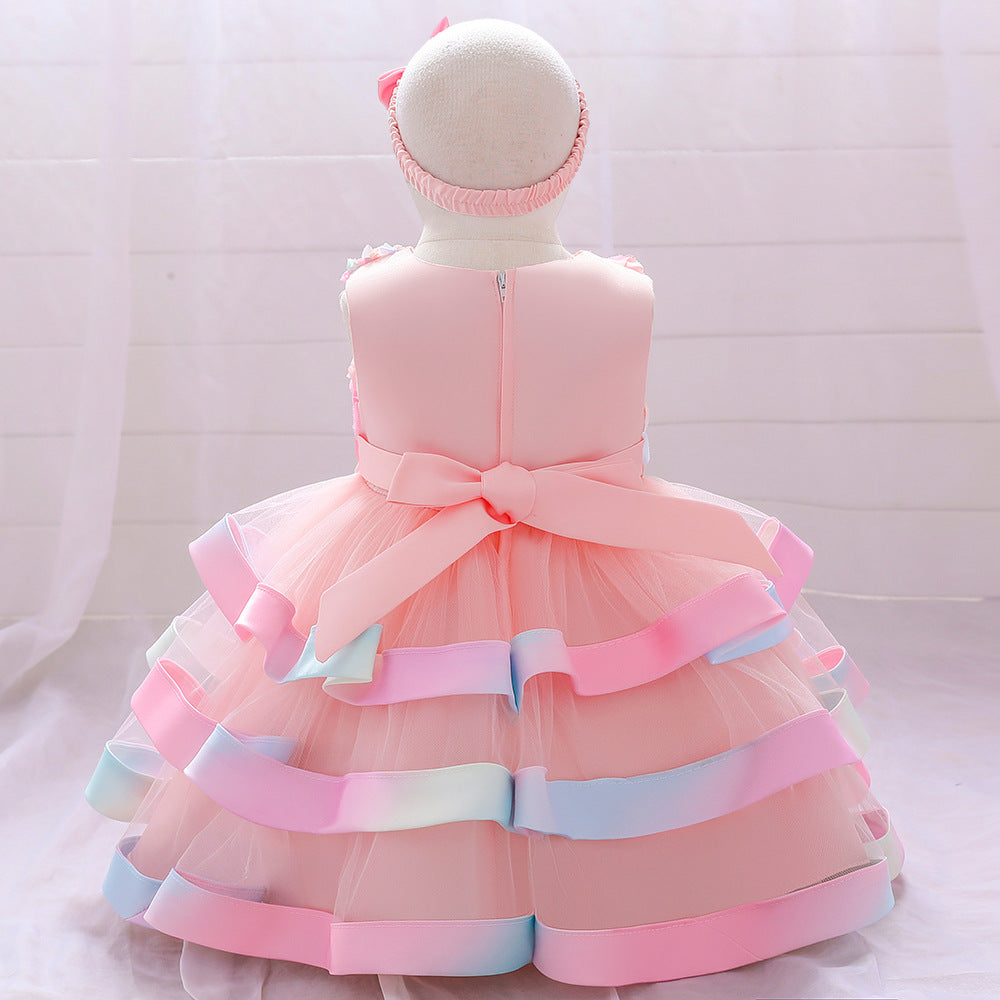 Rainbow Rose Ombre Tulle Princess Dress for Toddler Girls | Puffy Tiered Ball Gown