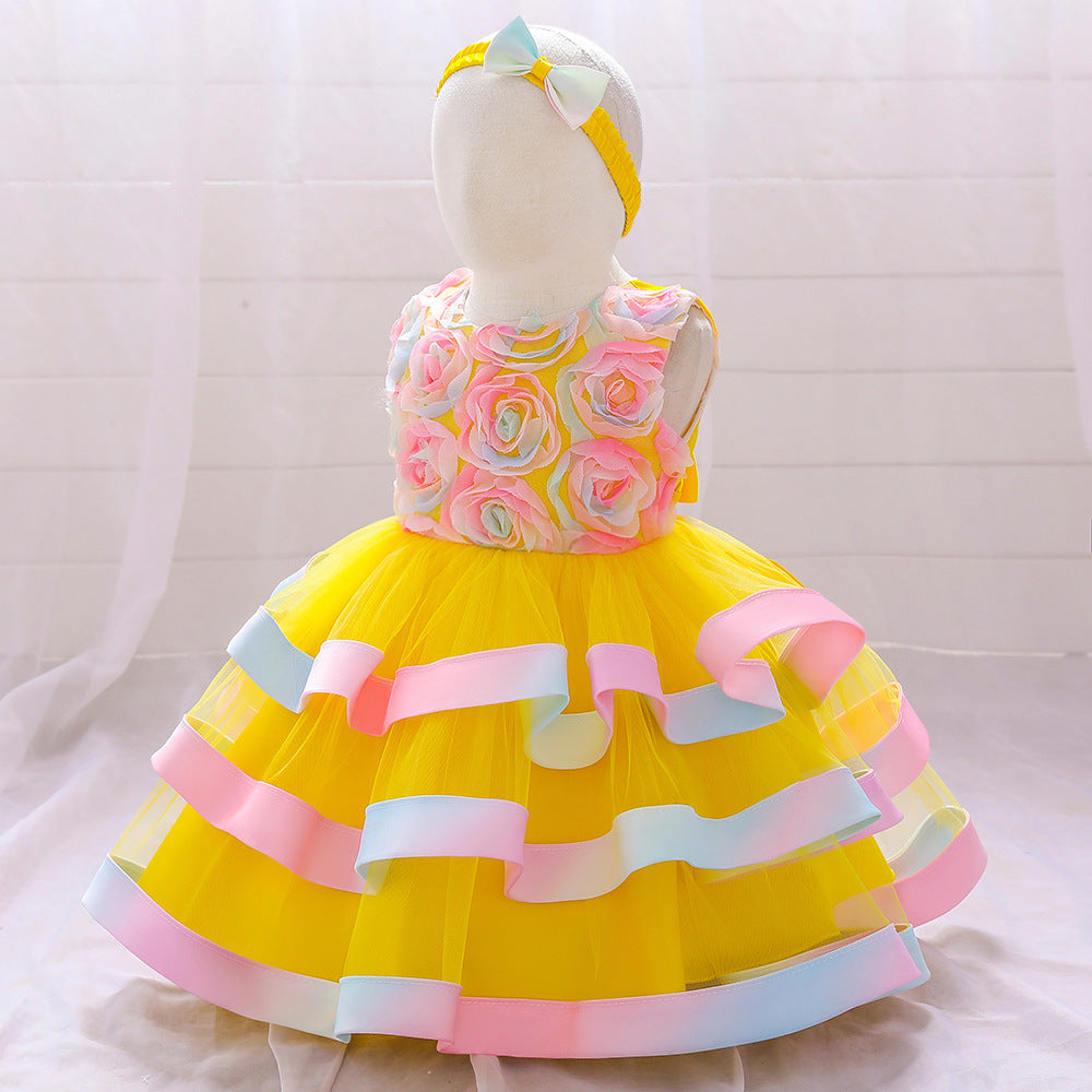 Rainbow Rose Ombre Tulle Princess Dress for Toddler Girls | Puffy Tiered Ball Gown
