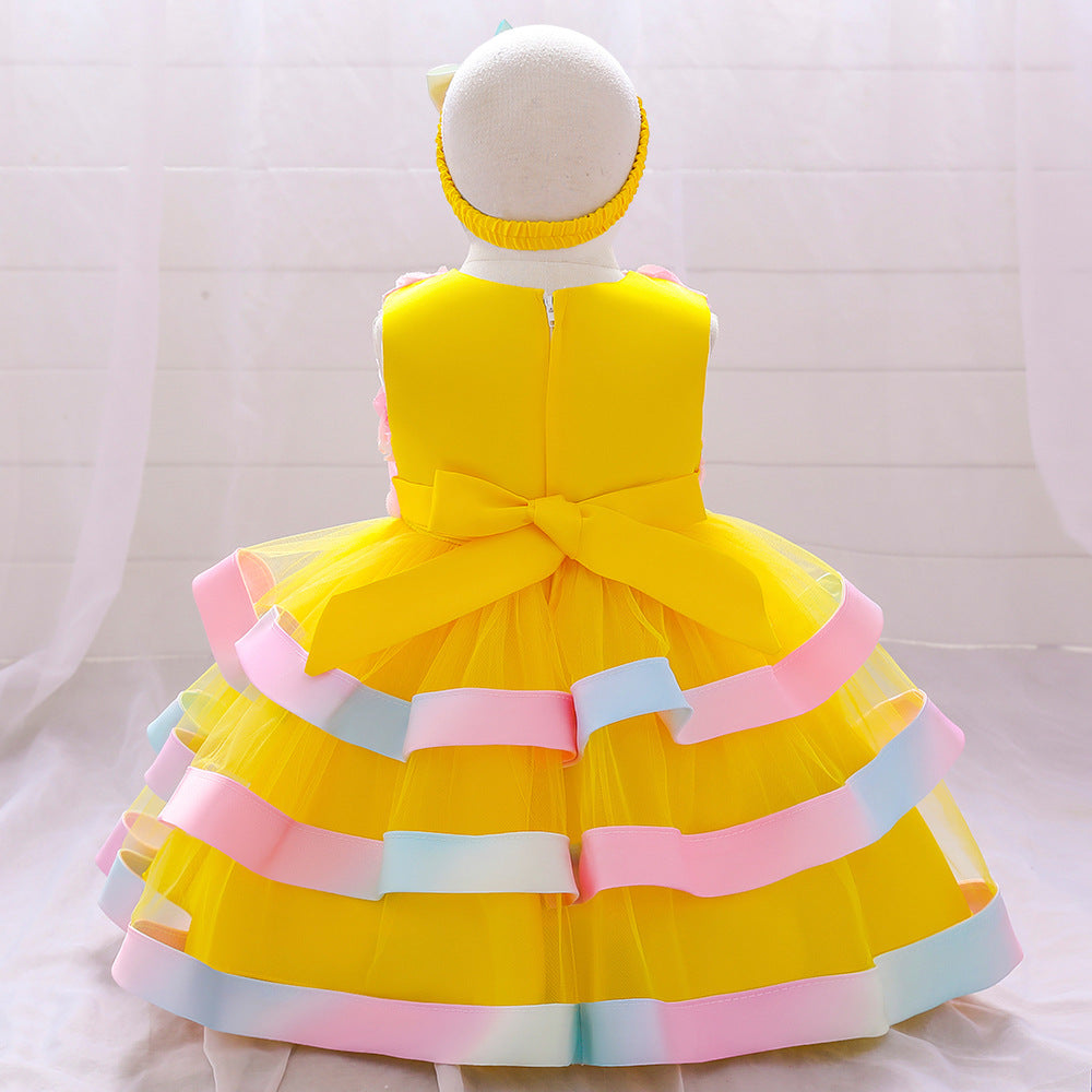 Rainbow Rose Ombre Tulle Princess Dress for Toddler Girls | Puffy Tiered Ball Gown