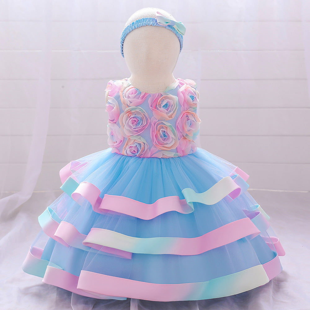 Rainbow Rose Ombre Tulle Princess Dress for Toddler Girls | Puffy Tiered Ball Gown