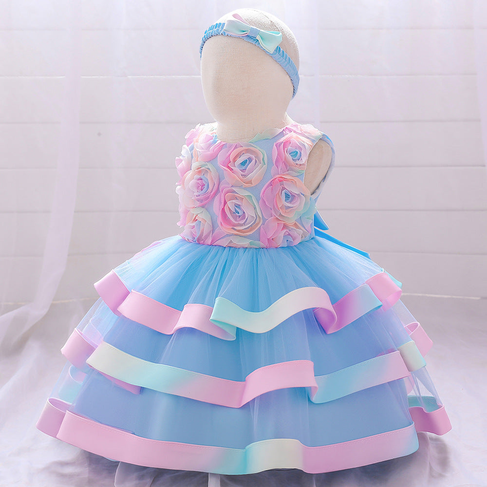 Rainbow Rose Ombre Tulle Princess Dress for Toddler Girls | Puffy Tiered Ball Gown