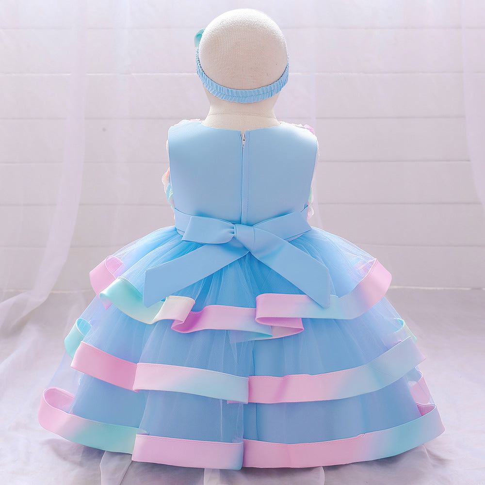 Rainbow Rose Ombre Tulle Princess Dress for Toddler Girls | Puffy Tiered Ball Gown