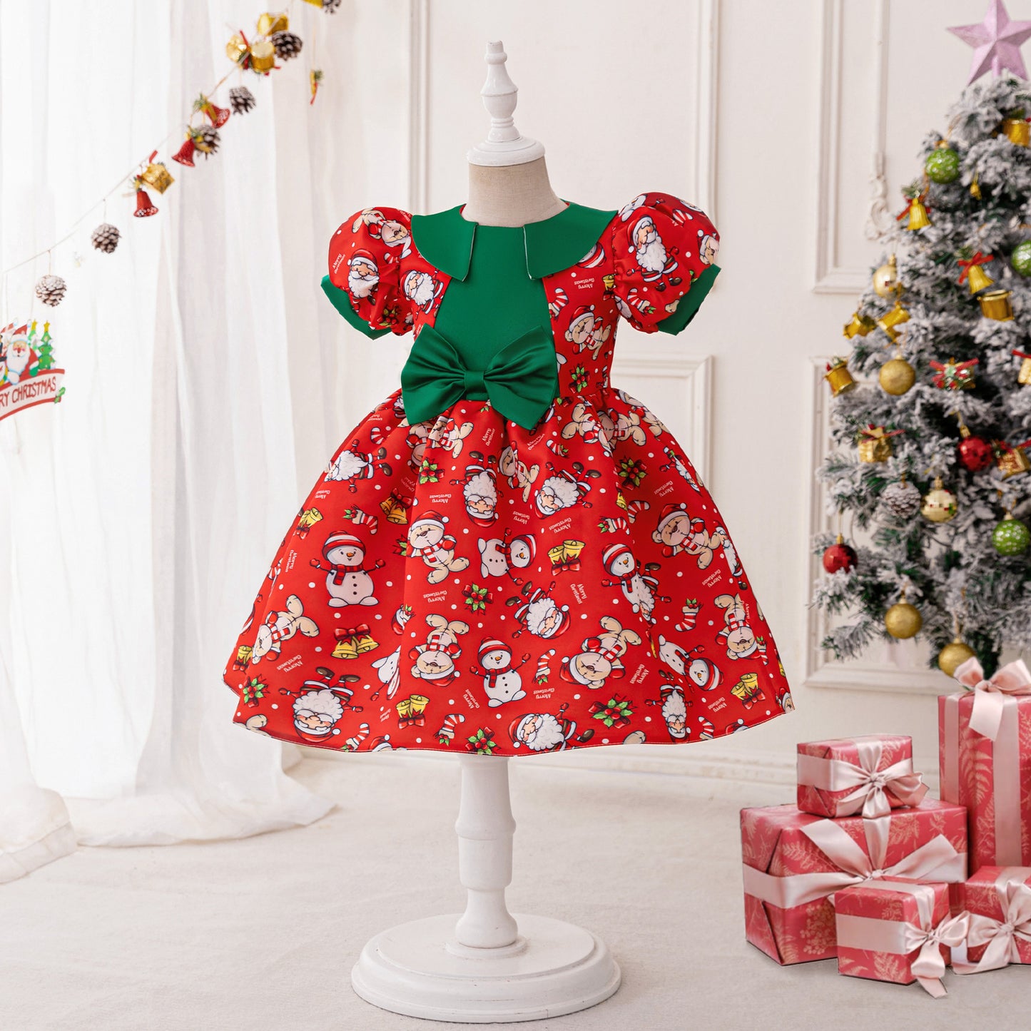 Red Cartoon Snowman Princess Dress – Kids' Christmas Party Outfit