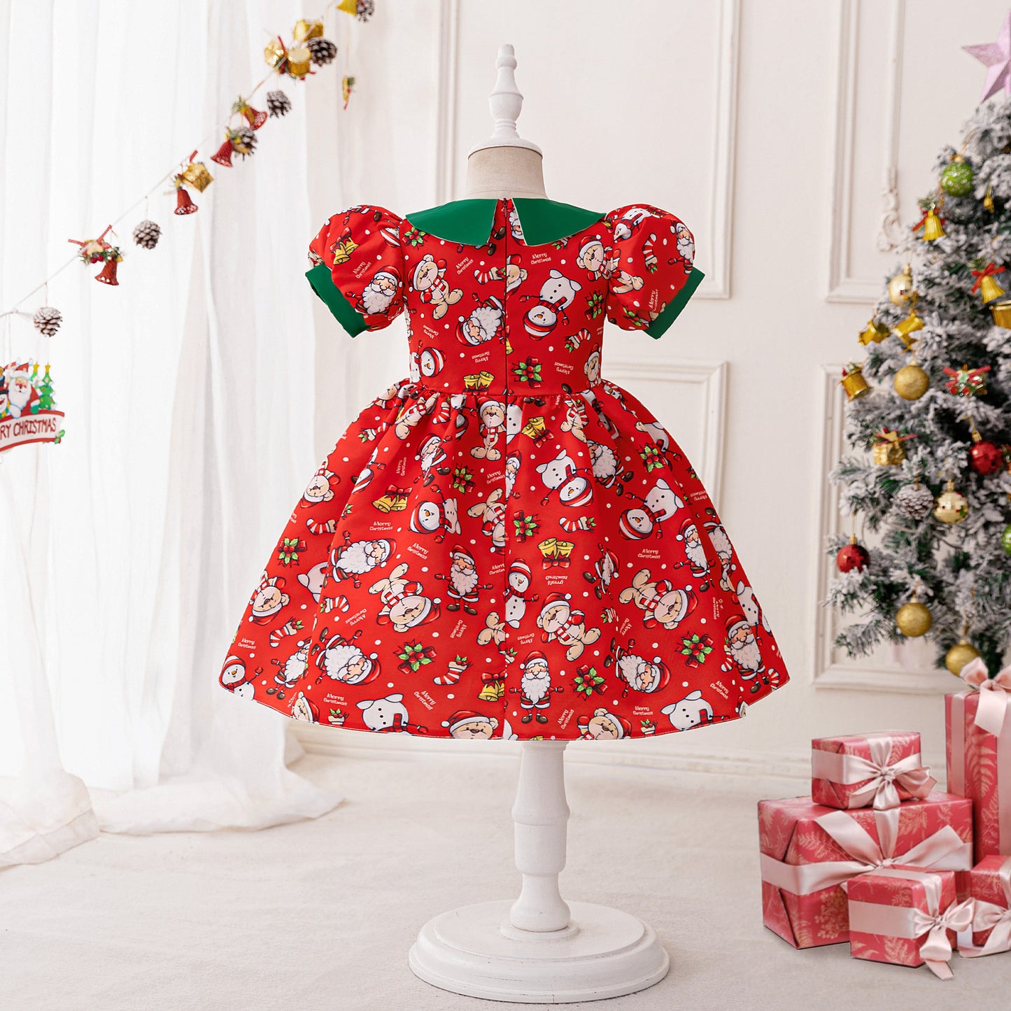 Red Cartoon Snowman Princess Dress – Kids' Christmas Party Outfit