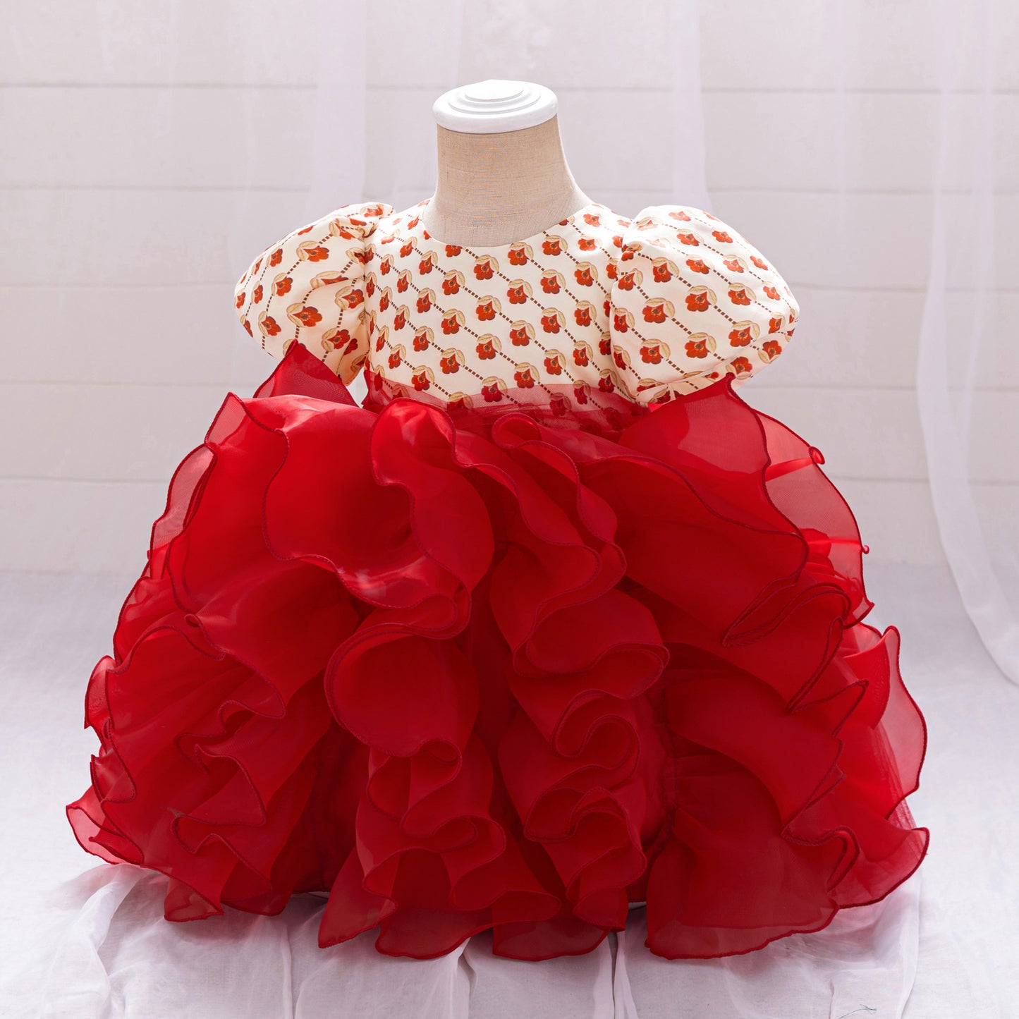 Red Floral Princess Puffy Sleeve Dress – Tea Length Ball Gown for Girls