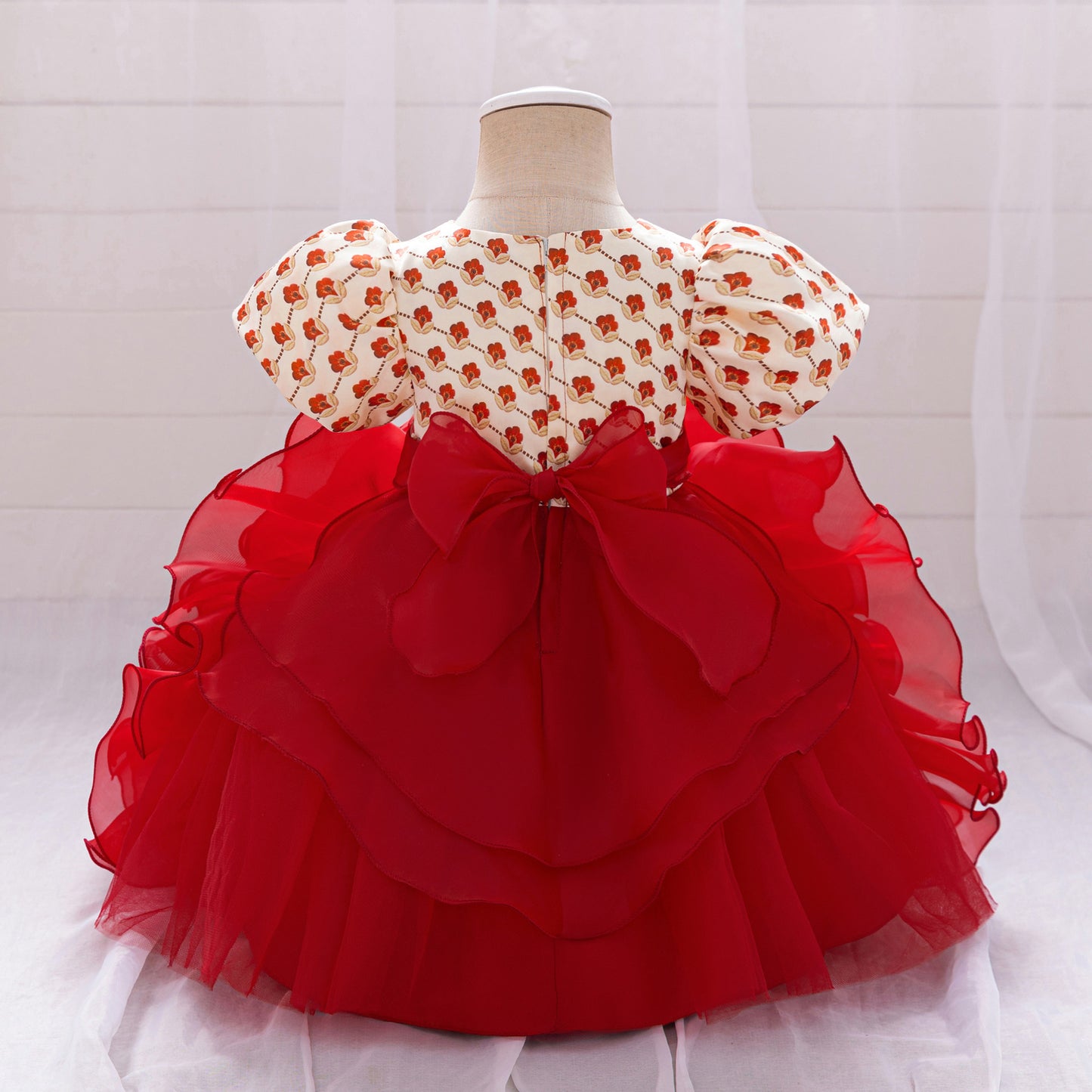 Red Floral Princess Puffy Sleeve Dress – Tea Length Ball Gown for Girls