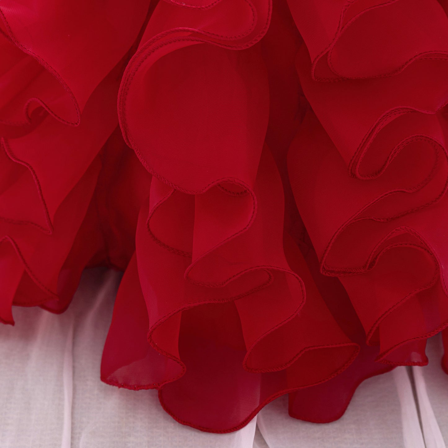 Red Floral Princess Puffy Sleeve Dress – Tea Length Ball Gown for Girls