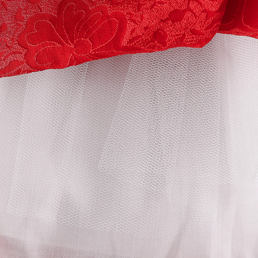 Red Floral Satin A-Line Girls Dress—Bow, Tea Length Princess Gown