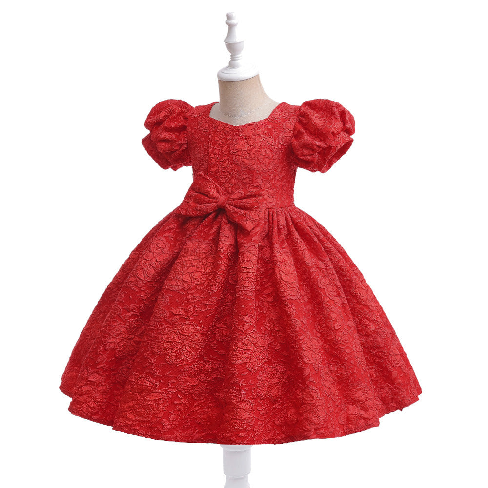 Red Floral Satin A-Line Girls Dress—Bow, Tea Length Princess Gown