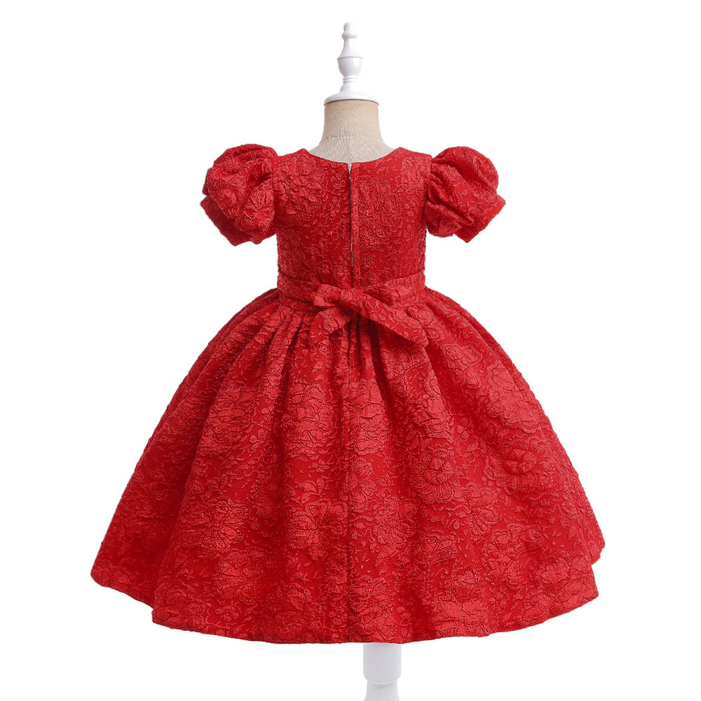Red Floral Satin A-Line Girls Dress—Bow, Tea Length Princess Gown
