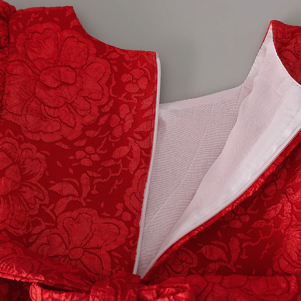 Red Floral Satin A-Line Girls Dress—Bow, Tea Length Princess Gown