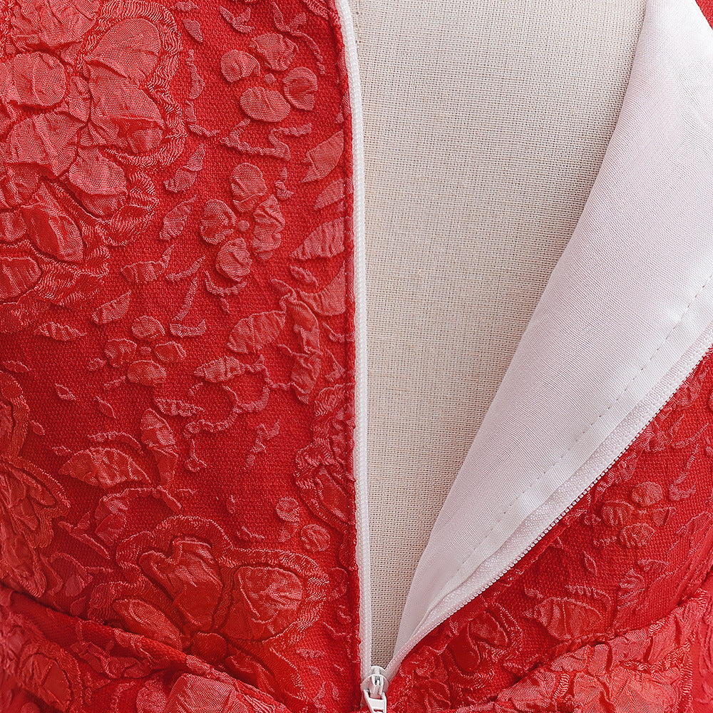 Red Floral Satin A-Line Girls Dress—Bow, Tea Length Princess Gown