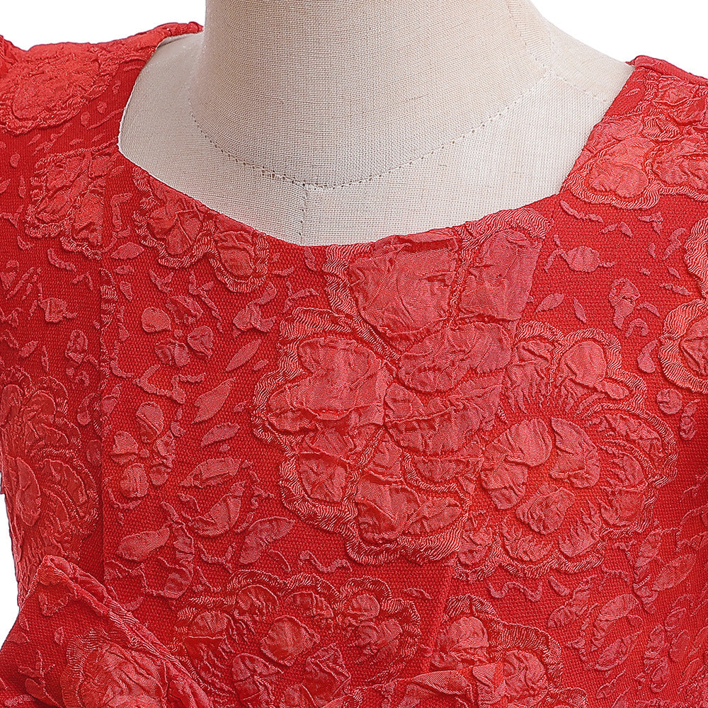 Red Floral Satin A-Line Girls Dress—Bow, Tea Length Princess Gown