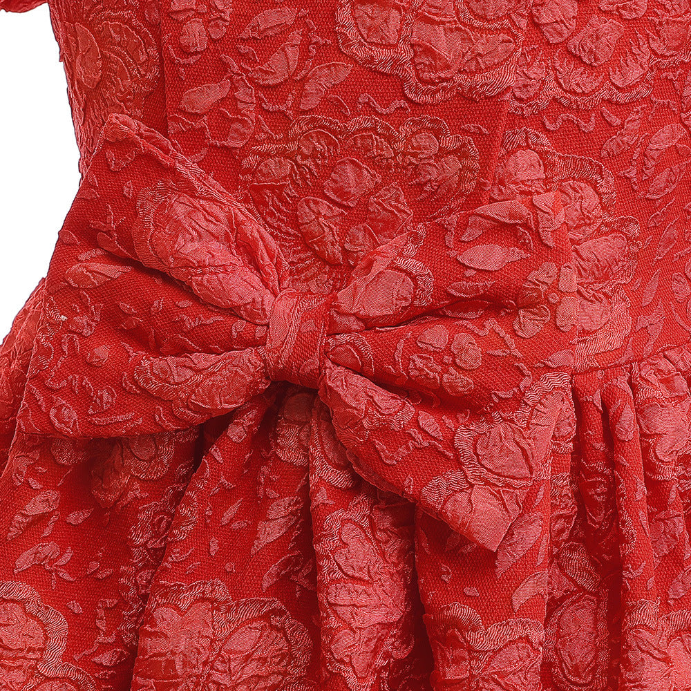 Red Floral Satin A-Line Girls Dress—Bow, Tea Length Princess Gown
