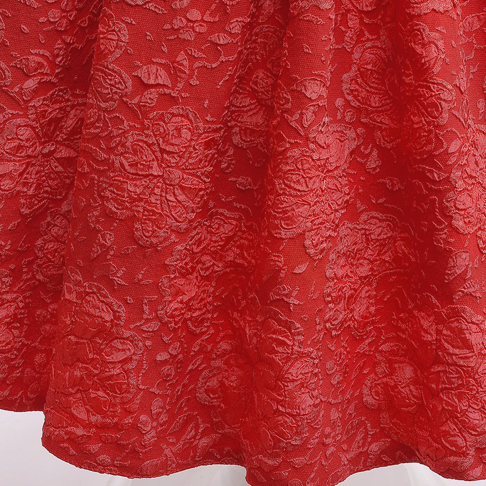 Red Floral Satin A-Line Girls Dress—Bow, Tea Length Princess Gown
