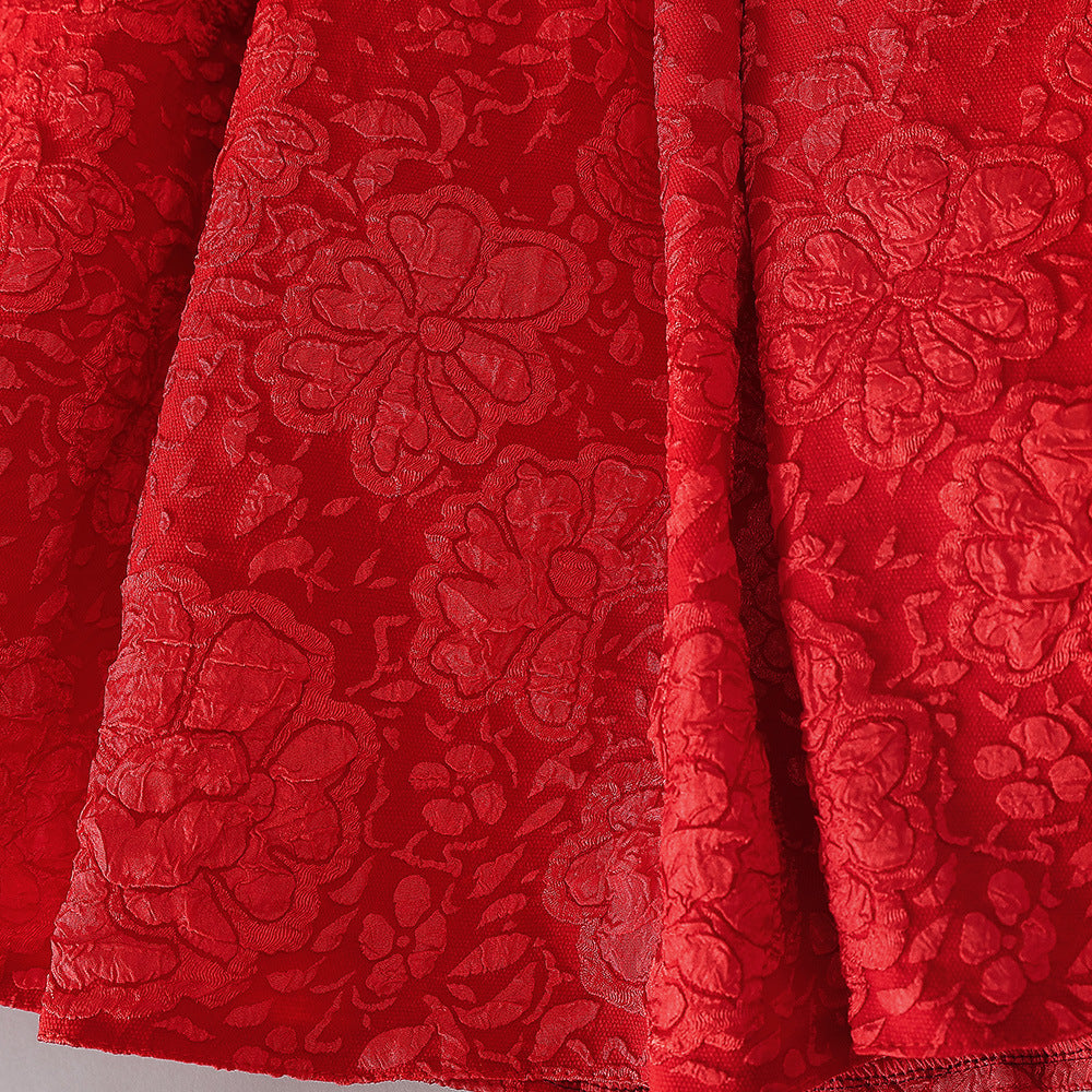 Red Floral Satin A-Line Girls Dress—Bow, Tea Length Princess Gown