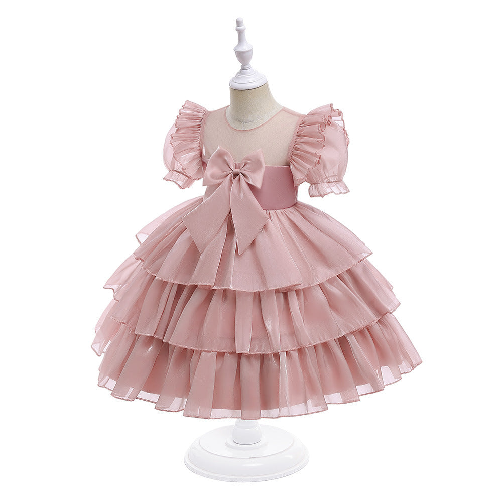Red Organza Puffy Sleeve Ball Gown for Girls - Party & Flower Girl Dress