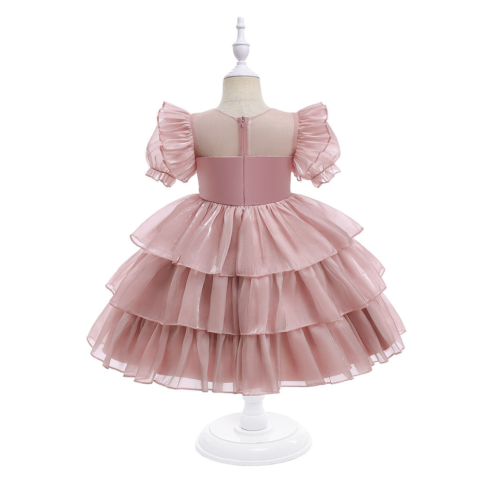 Red Organza Puffy Sleeve Ball Gown for Girls - Party & Flower Girl Dress