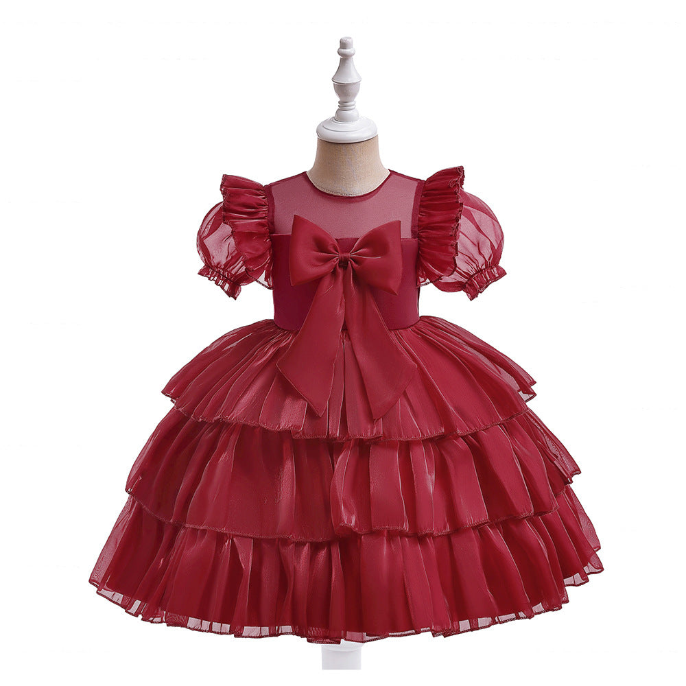 Red Organza Puffy Sleeve Ball Gown for Girls - Party & Flower Girl Dress