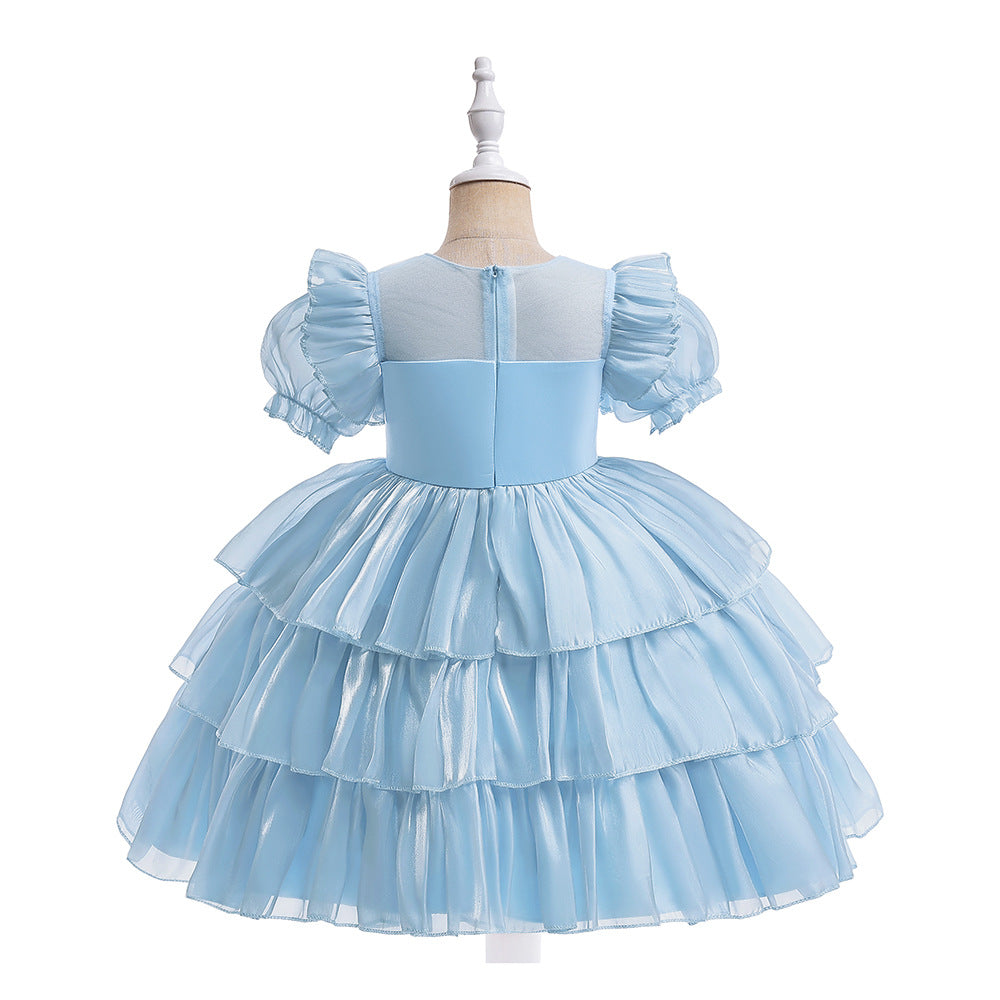 Red Organza Puffy Sleeve Ball Gown for Girls - Party & Flower Girl Dress