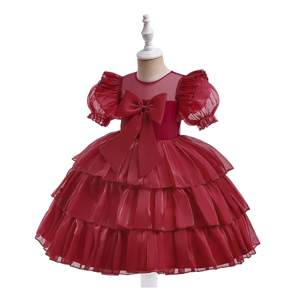 Red Organza Puffy Sleeve Ball Gown for Girls - Party & Flower Girl Dress