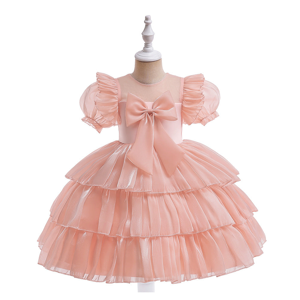 Red Organza Puffy Sleeve Ball Gown for Girls - Party & Flower Girl Dress