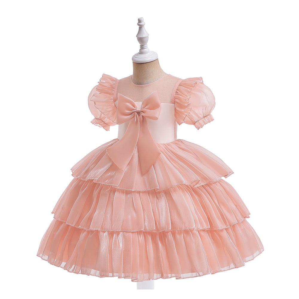 Red Organza Puffy Sleeve Ball Gown for Girls - Party & Flower Girl Dress