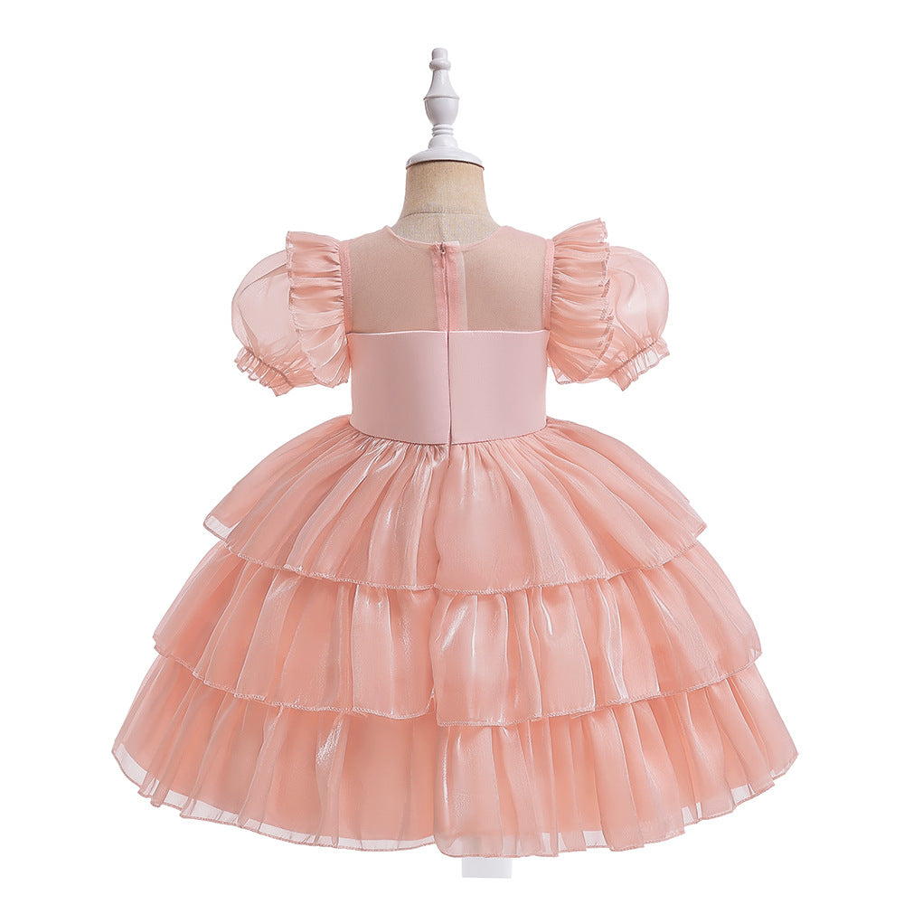Red Organza Puffy Sleeve Ball Gown for Girls - Party & Flower Girl Dress