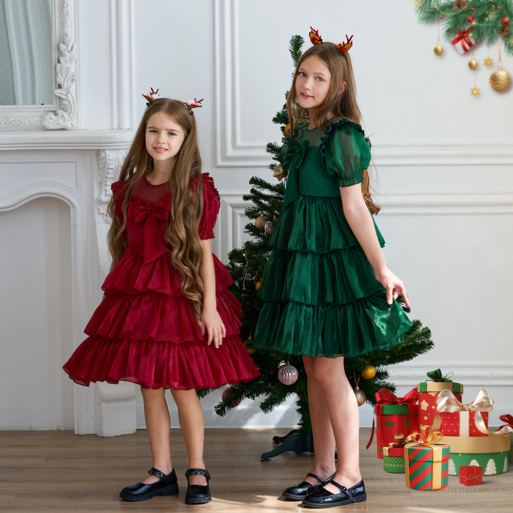 Red Organza Puffy Sleeve Ball Gown for Girls - Party & Flower Girl Dress