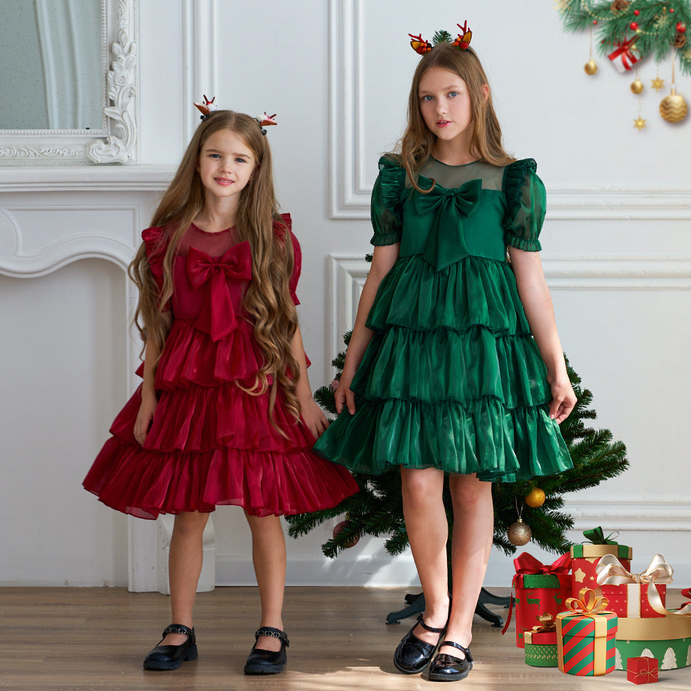 Red Organza Puffy Sleeve Ball Gown for Girls - Party & Flower Girl Dress