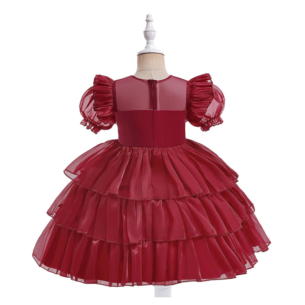 Red Organza Puffy Sleeve Ball Gown for Girls - Party & Flower Girl Dress